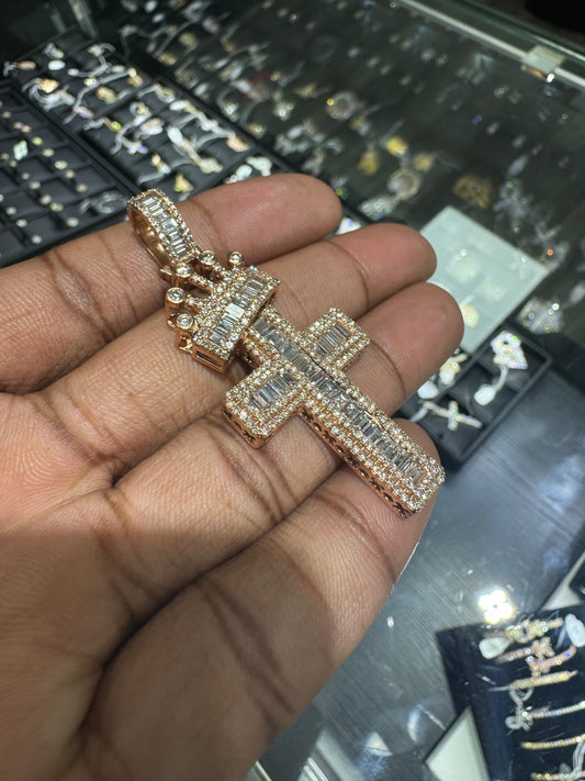 Diamond Emerald Cross With Crown Rose Gold